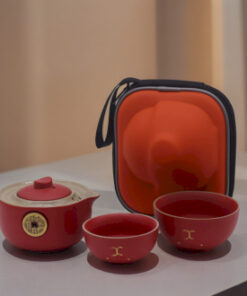 Set de tetera - Gato del Dinero - Dos tazas & Estuche de viaje - Rojo