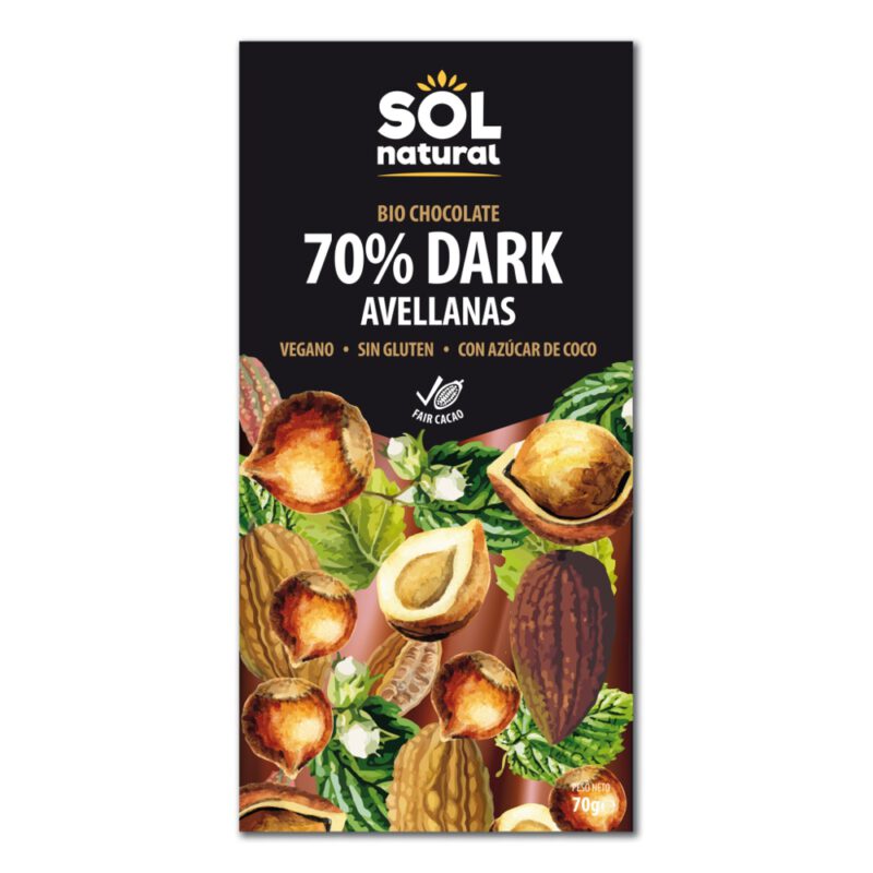 Chocolate negro 70% con Avellanas 70g Sol Natural