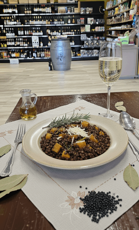 lentejas caviar con calabaza y queso