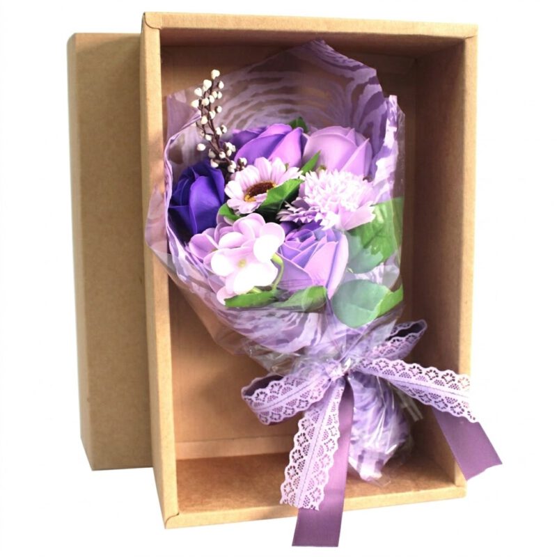 Bouquet flores jabon en caja purpura